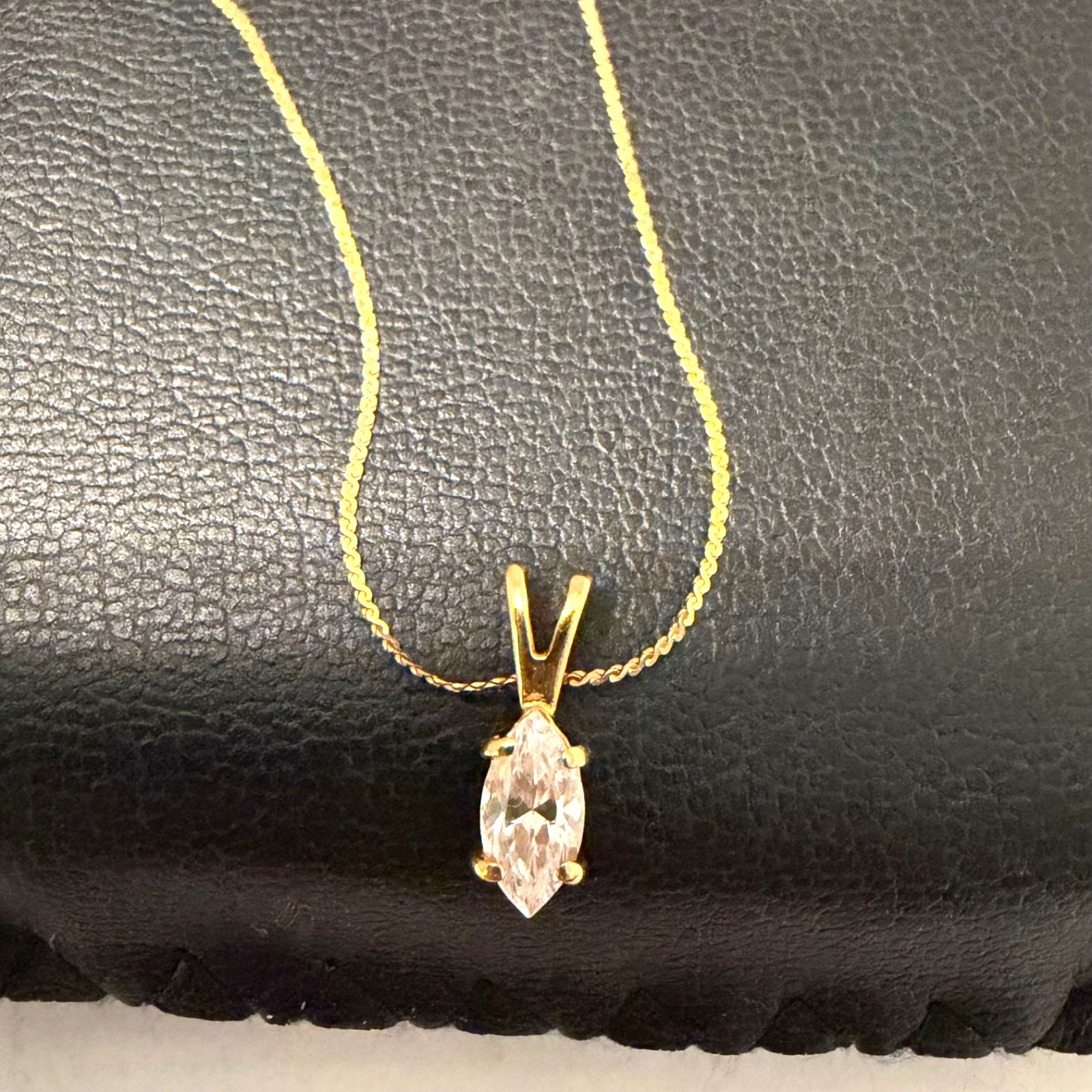 Vintage 14KT Gold Chain Genuine CZ Marquise Pendant Necklace Box Orig CZ Papers!