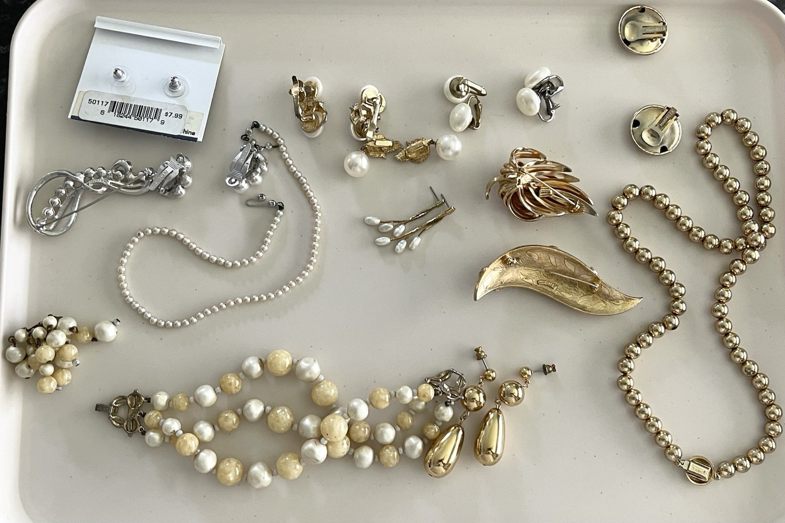 VINTAGE Marvella Jewelry LOT Faux Pearls Necklace, Earrings Rhinestone brooch