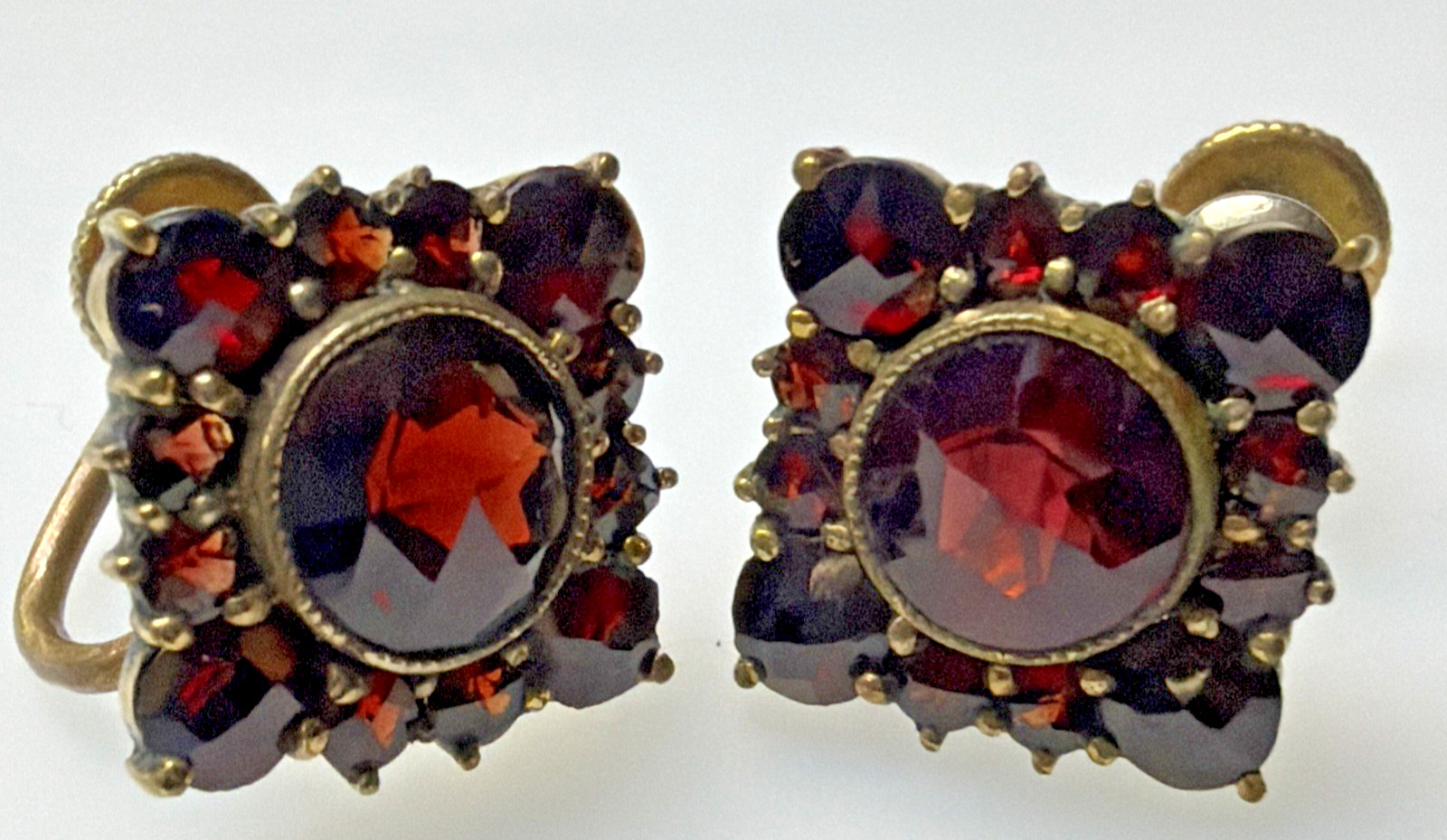 Victorian Red Garnet Star Snowflake Cluster Germany Brooch Pin Screw Earrings