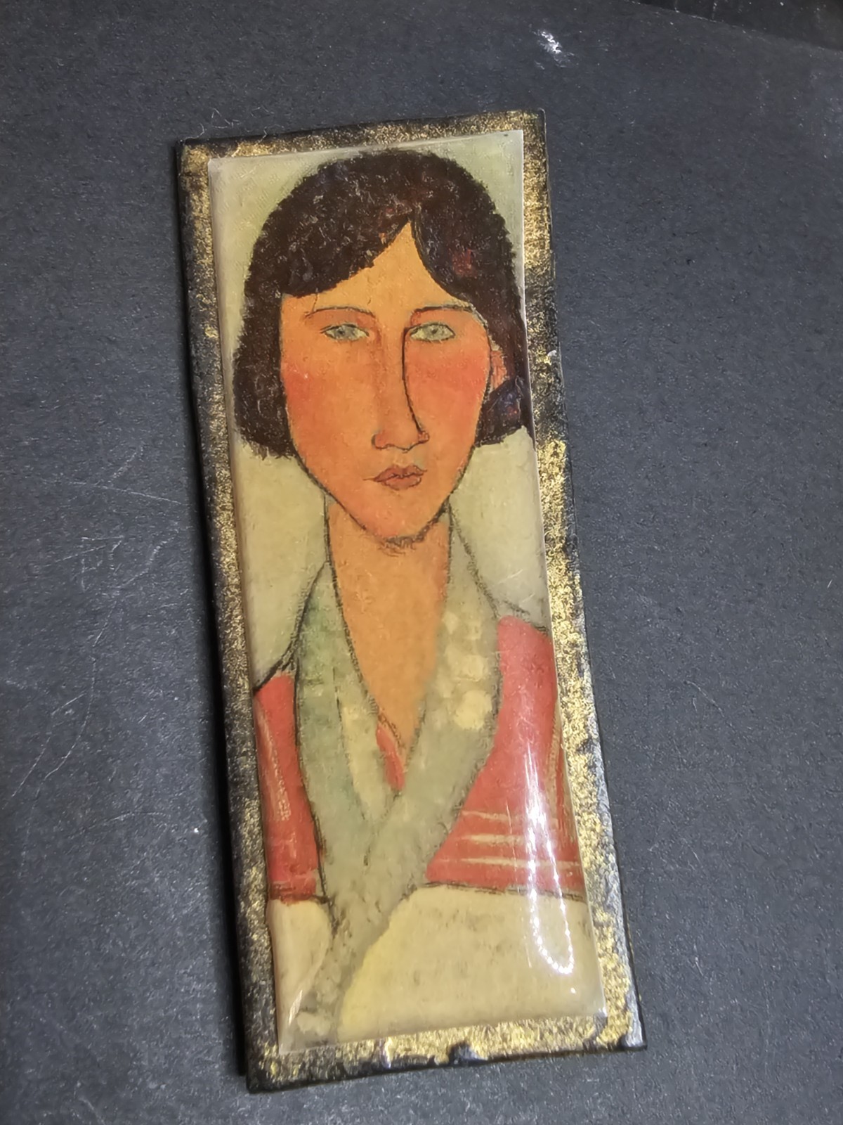 Vintage Woman Portrait Folk Art Brooch Pin Signed CR Wood Backing Rectangle