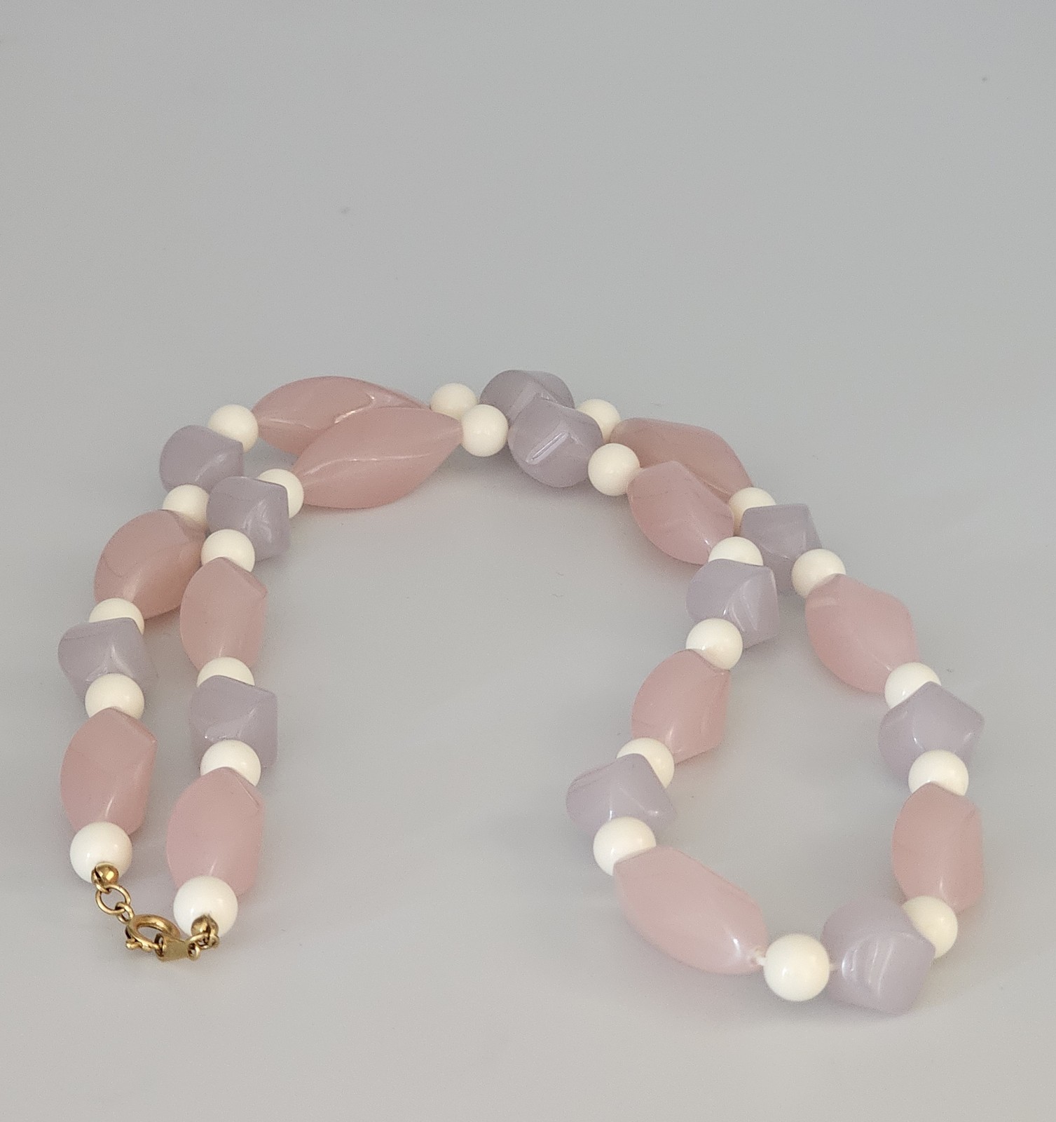 Vintage Glass Beaded Necklace Pink Purple White 27 Inches Retro Costume Jewelry