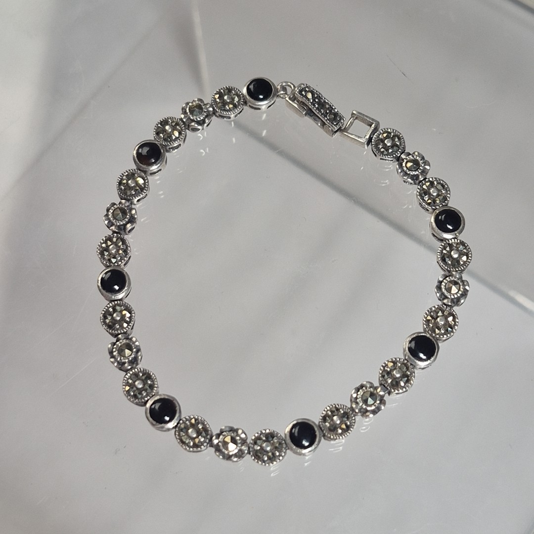 DBJ Vtg Sterling Silver 925 Marcasite Black Enamel Link Tennis Bracelet 7.5″