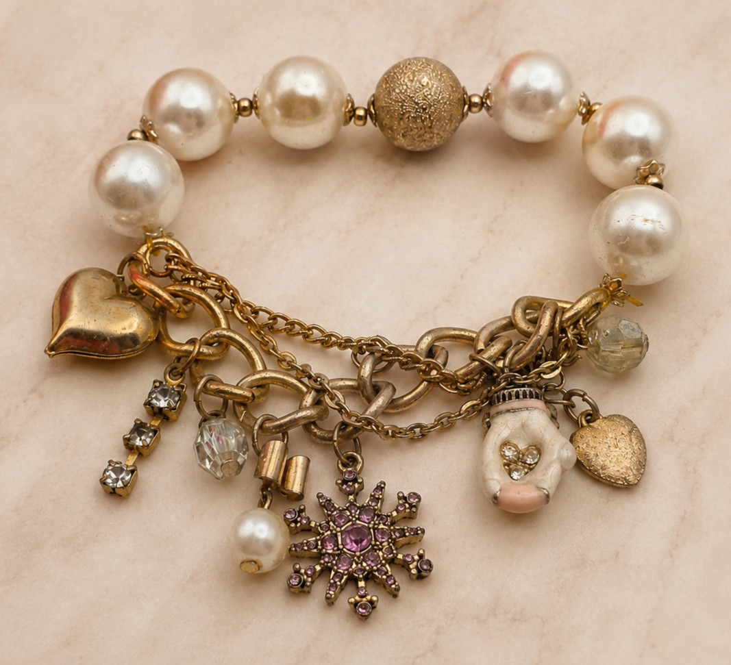 Vintage Betsey Johnson Faux Pearl Dangle Charm Stretch Bracelet 7 in Gold Tone