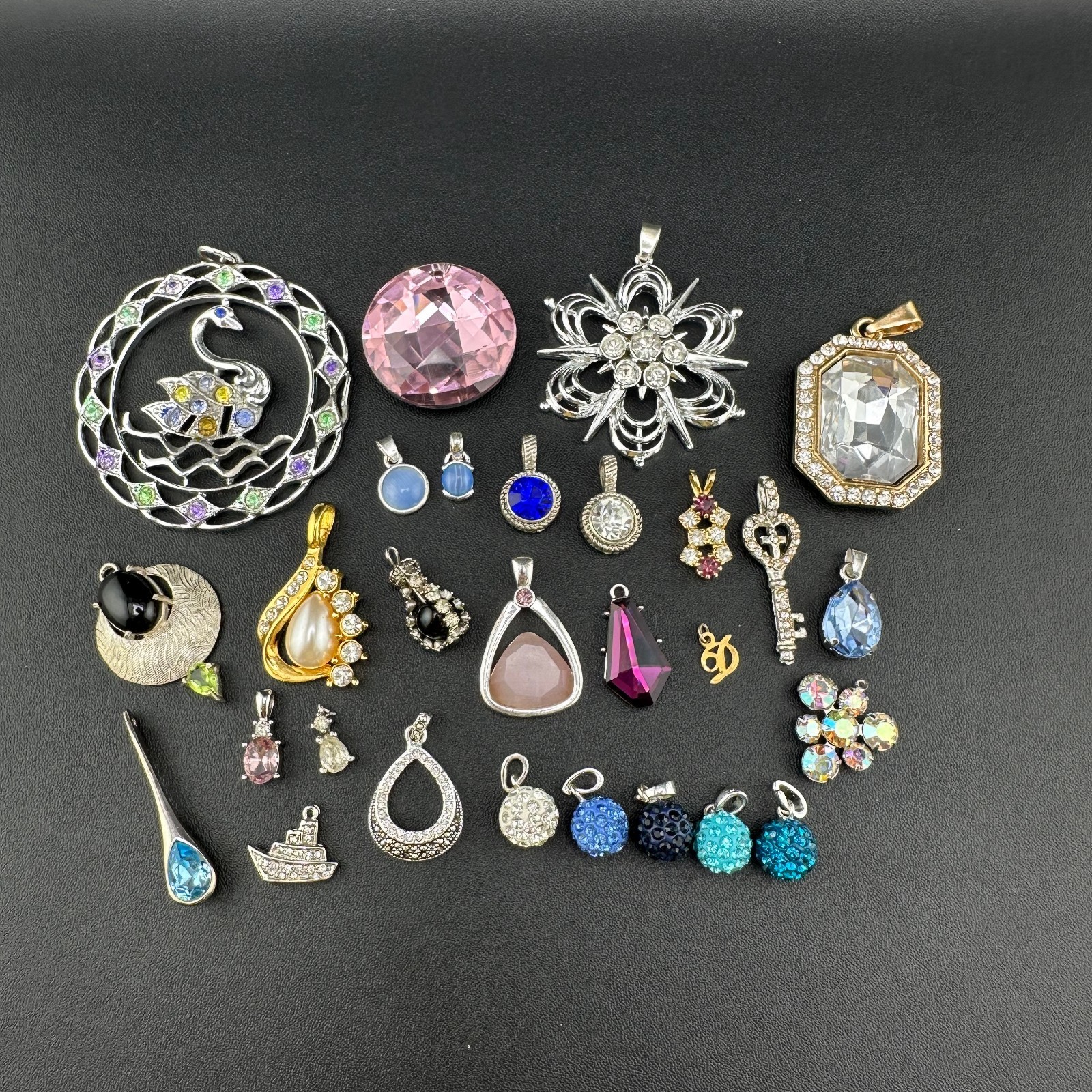 Vintage to Now Crystal Rhinestone Pendant Charm Lot of 28 Silver Gold Tone Mix