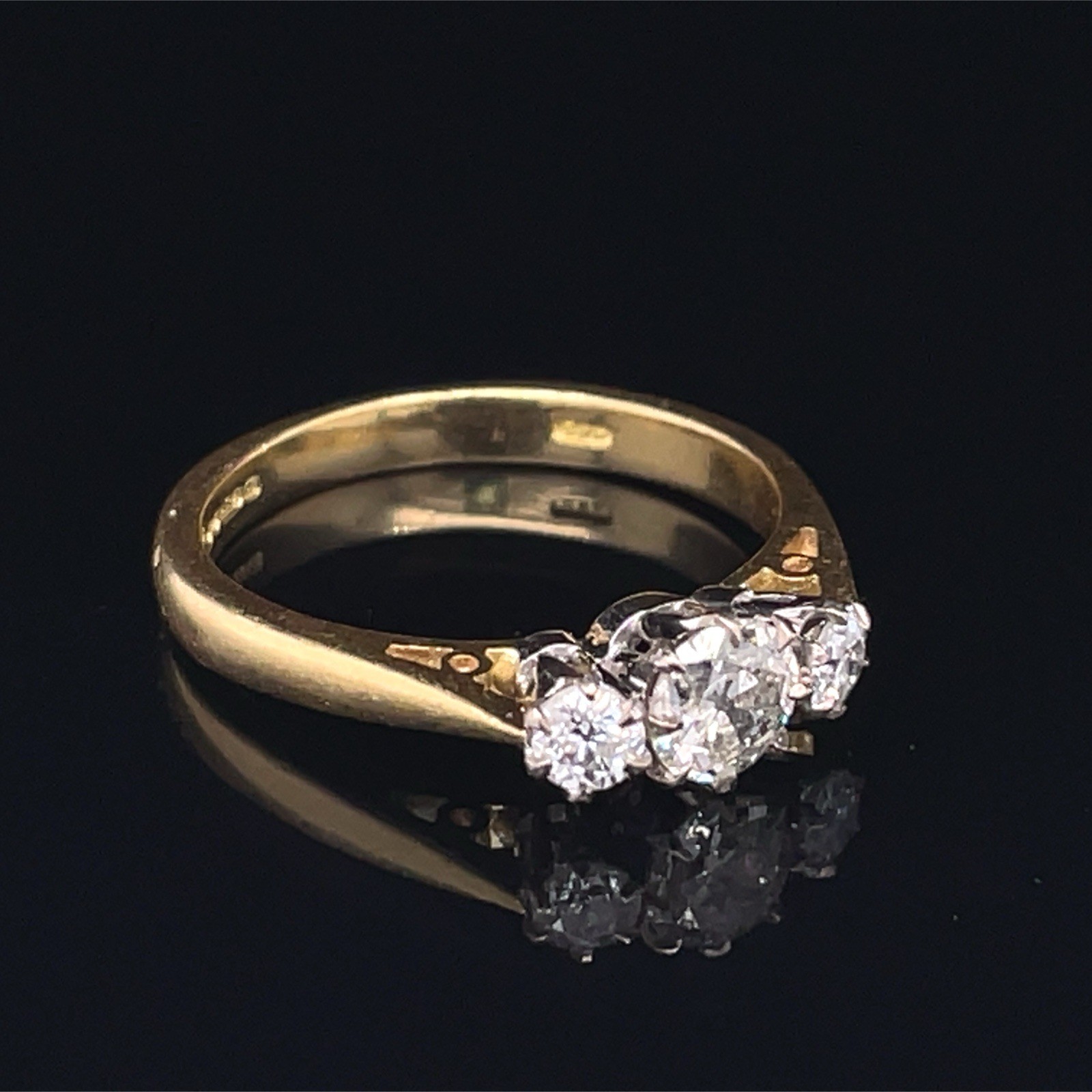 Vintage 3 Stone Old European Cut Diamond Ring 18K Gold English