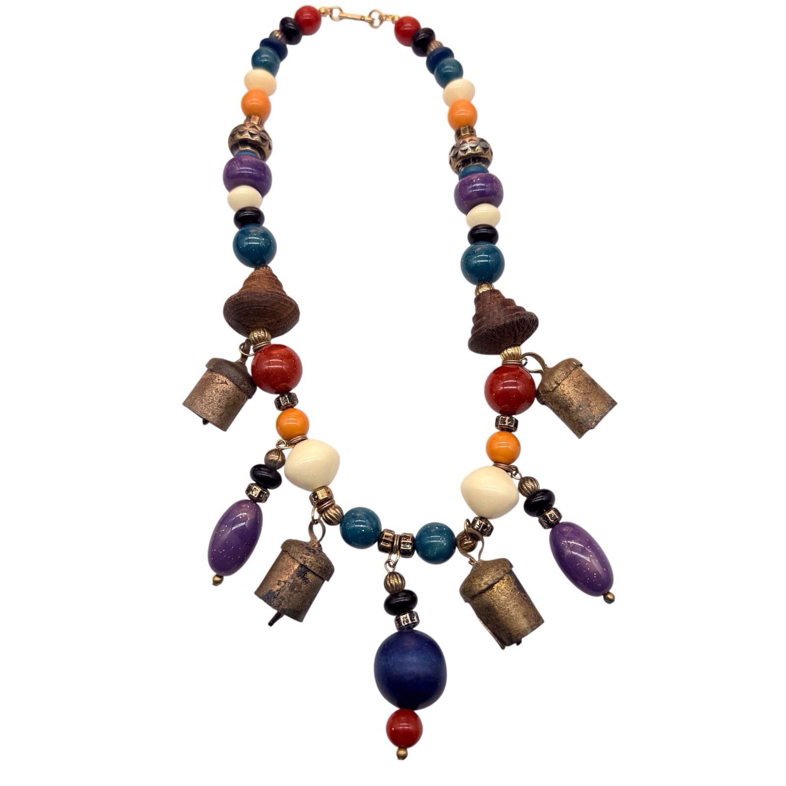 Vintage Carole Dauplaise Necklace BOHO Tibetan Prayer Bells Wood Ceramic Bead B3