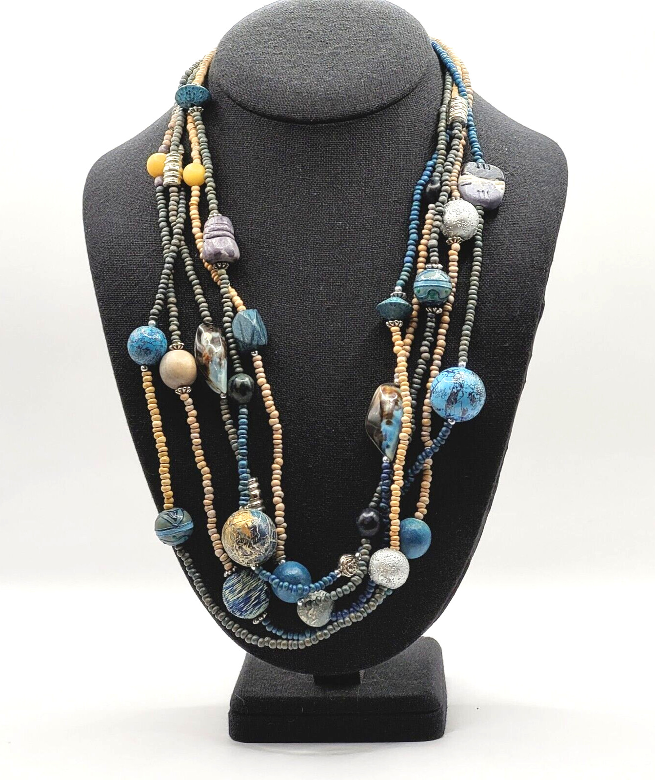 Peacock Blues Silver Tone Multi Strand Unique Bead Styles Vintage Necklace 24 In