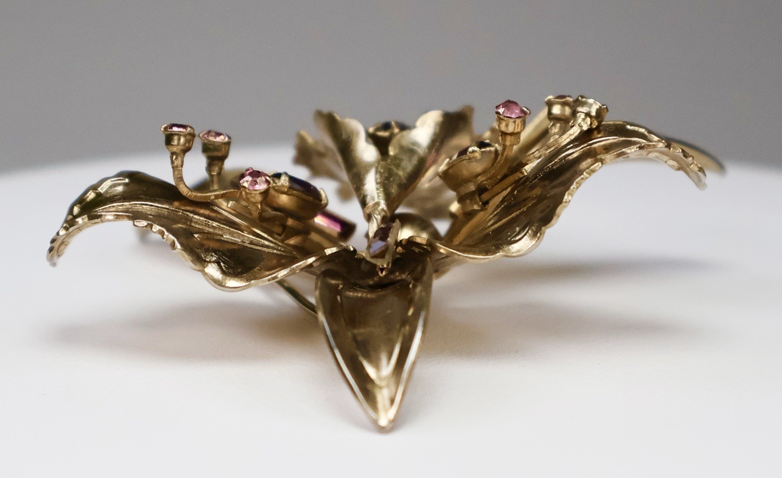 Vintage Iris Orchid Brooch Purple Rhinestones Baguettes Round Gold Tone Flower