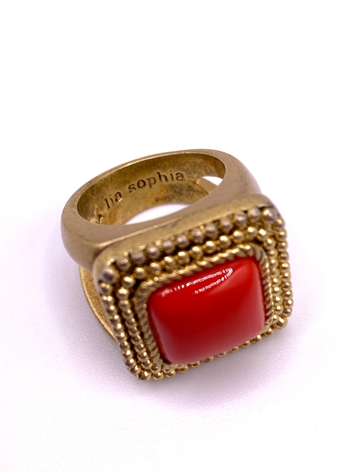 Vintage Style Lia Sophia Ring Large Square Orange Lozenge Goldtone Metal Setting