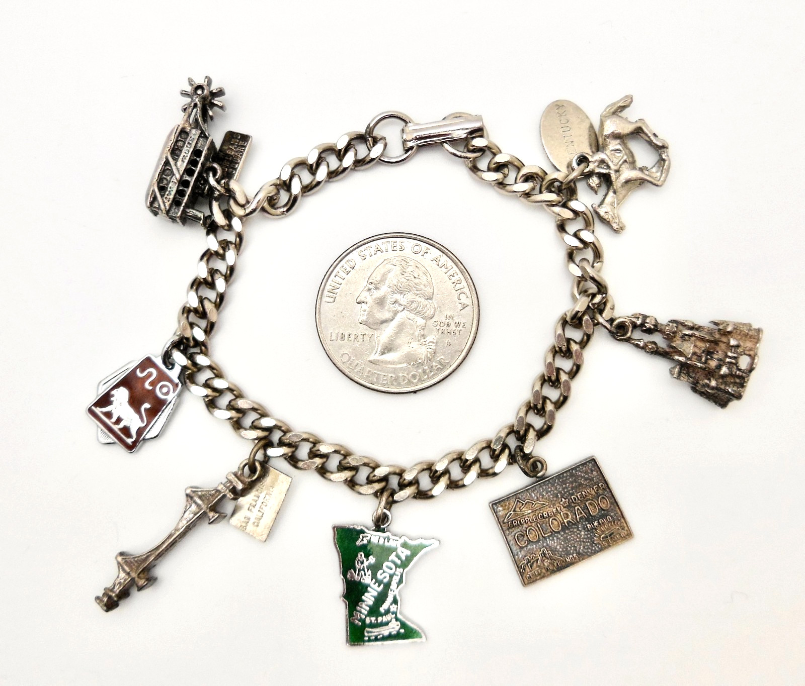 Vintage Sterling Silver State Travel Souvenir Charms 6.5″ Bracelet 28g