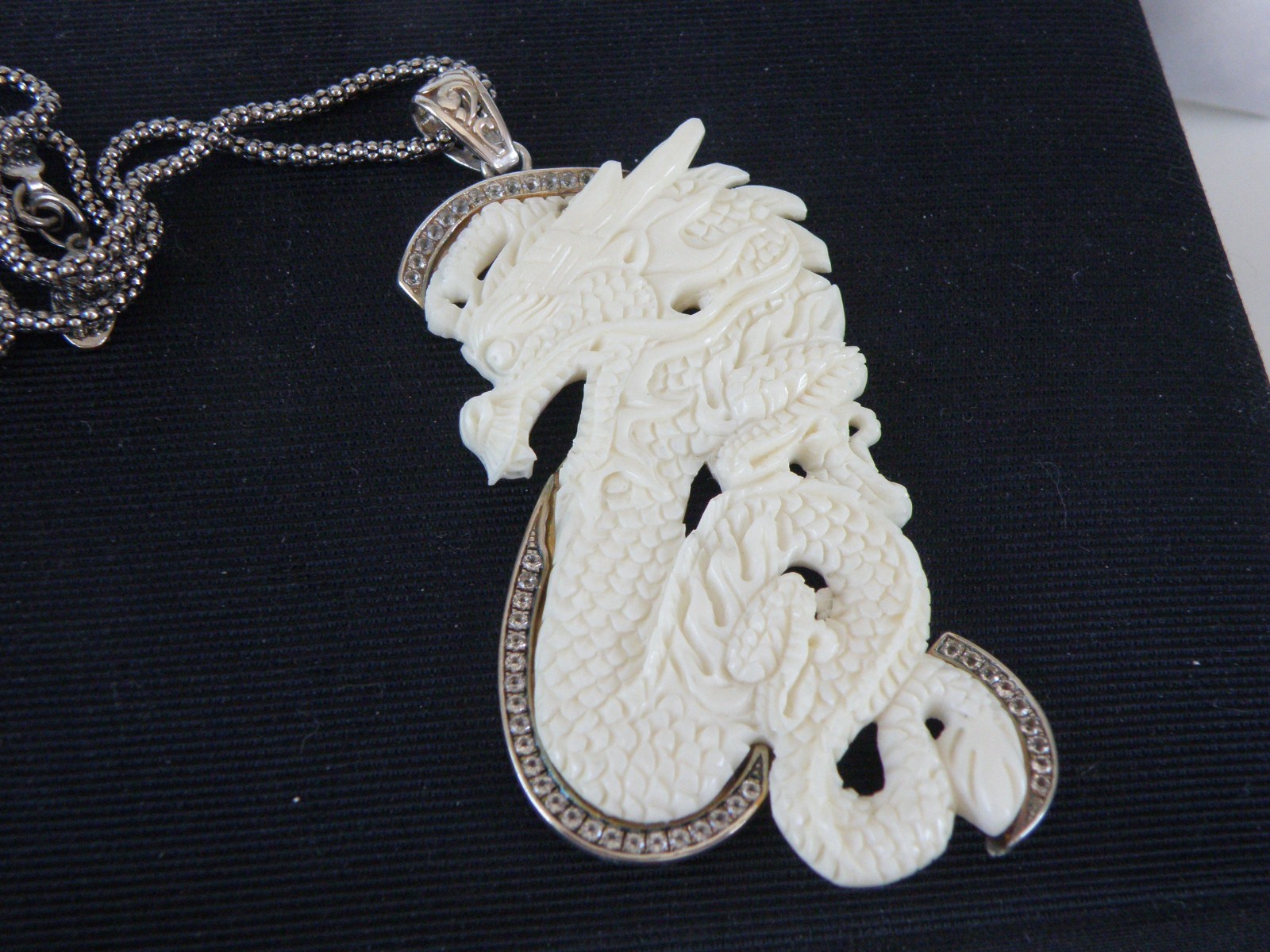 Huge Samuel B Carved CZ Dragon Statement Pendant Popcorn Mesh Necklace
