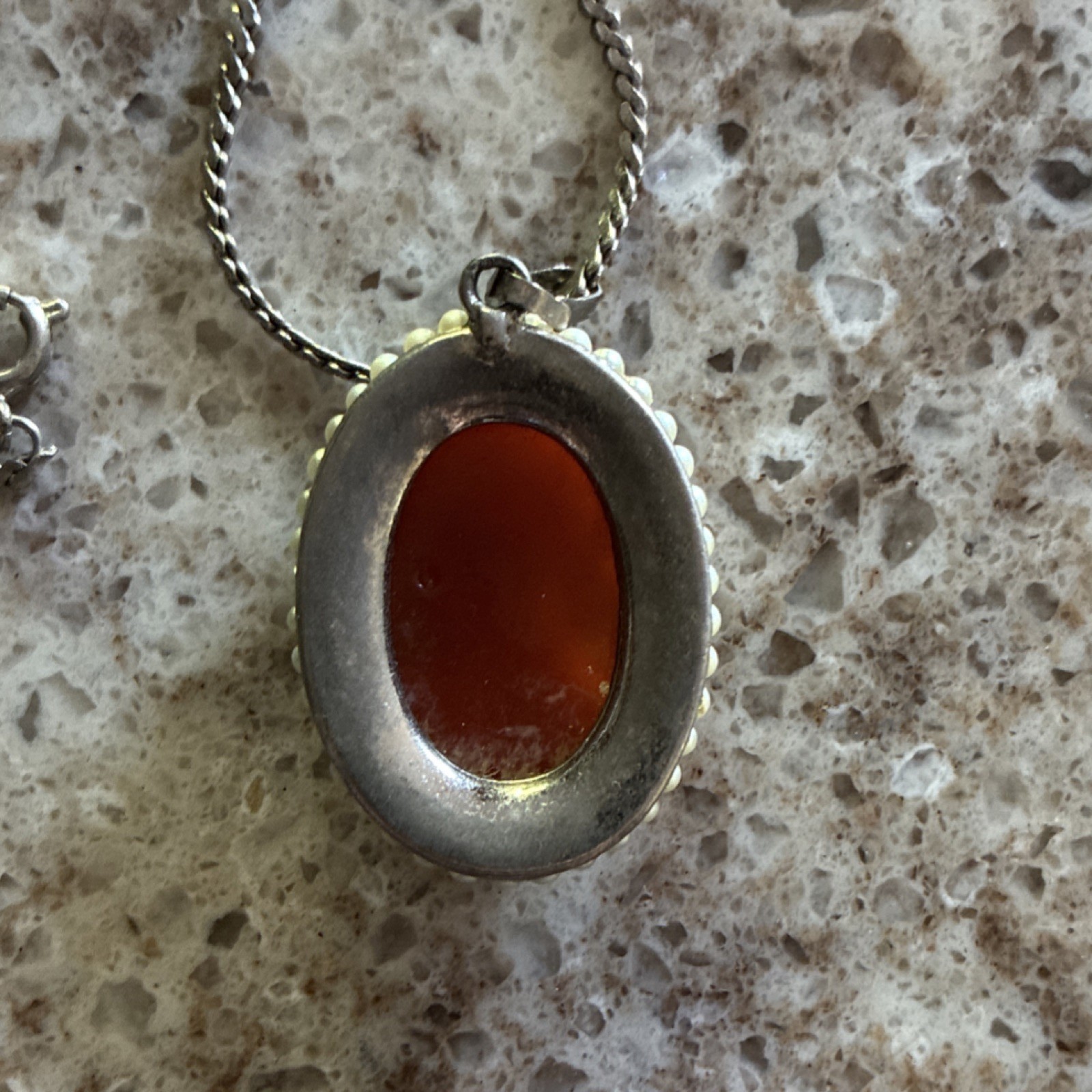 GENUINE Hand Carved Cameo Pendant Necklace with Pearl Border