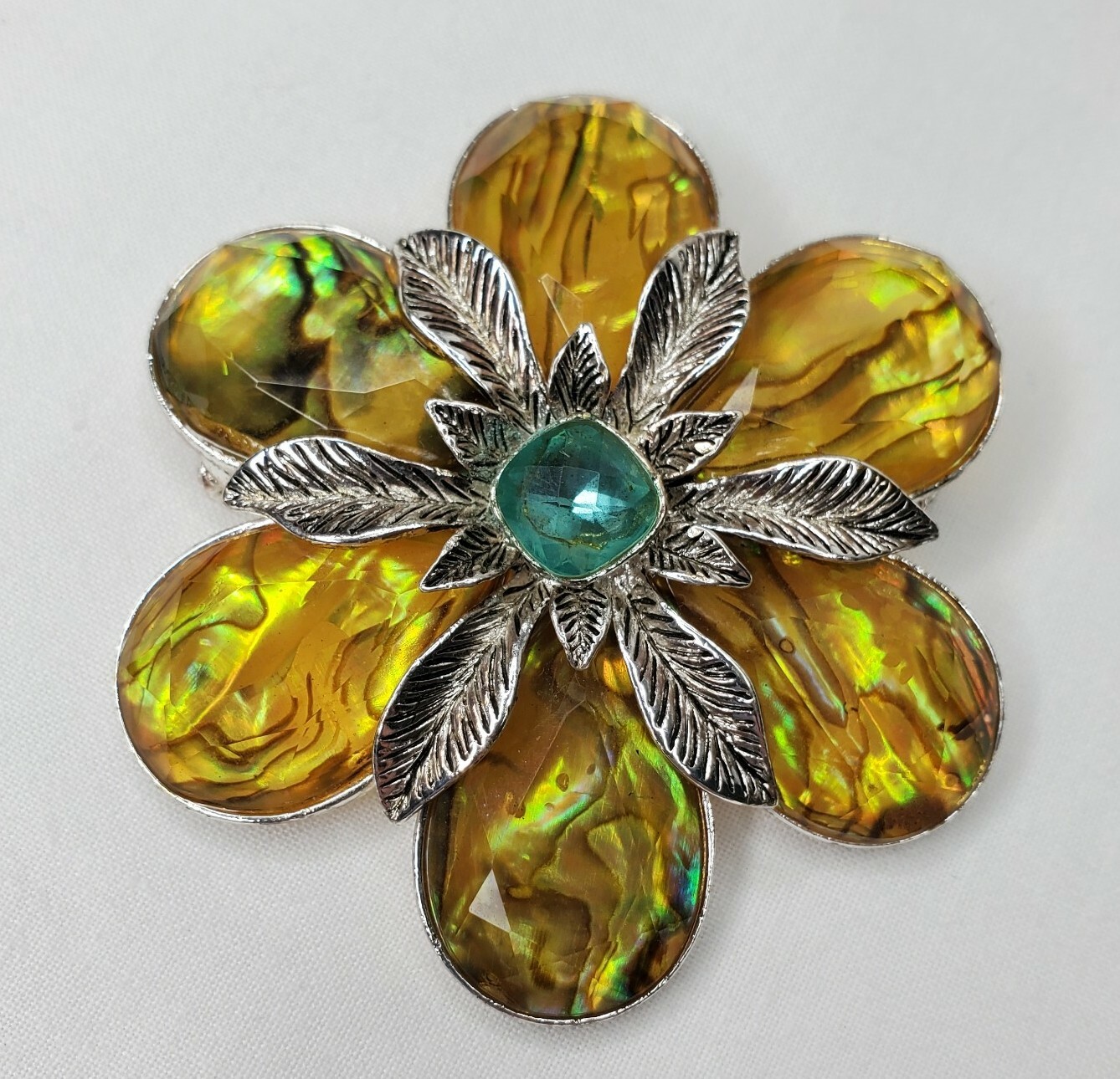 Vintage Monet Flower Brooch Yellow Acrylic Turquoise Faceted Stone Silver Tone