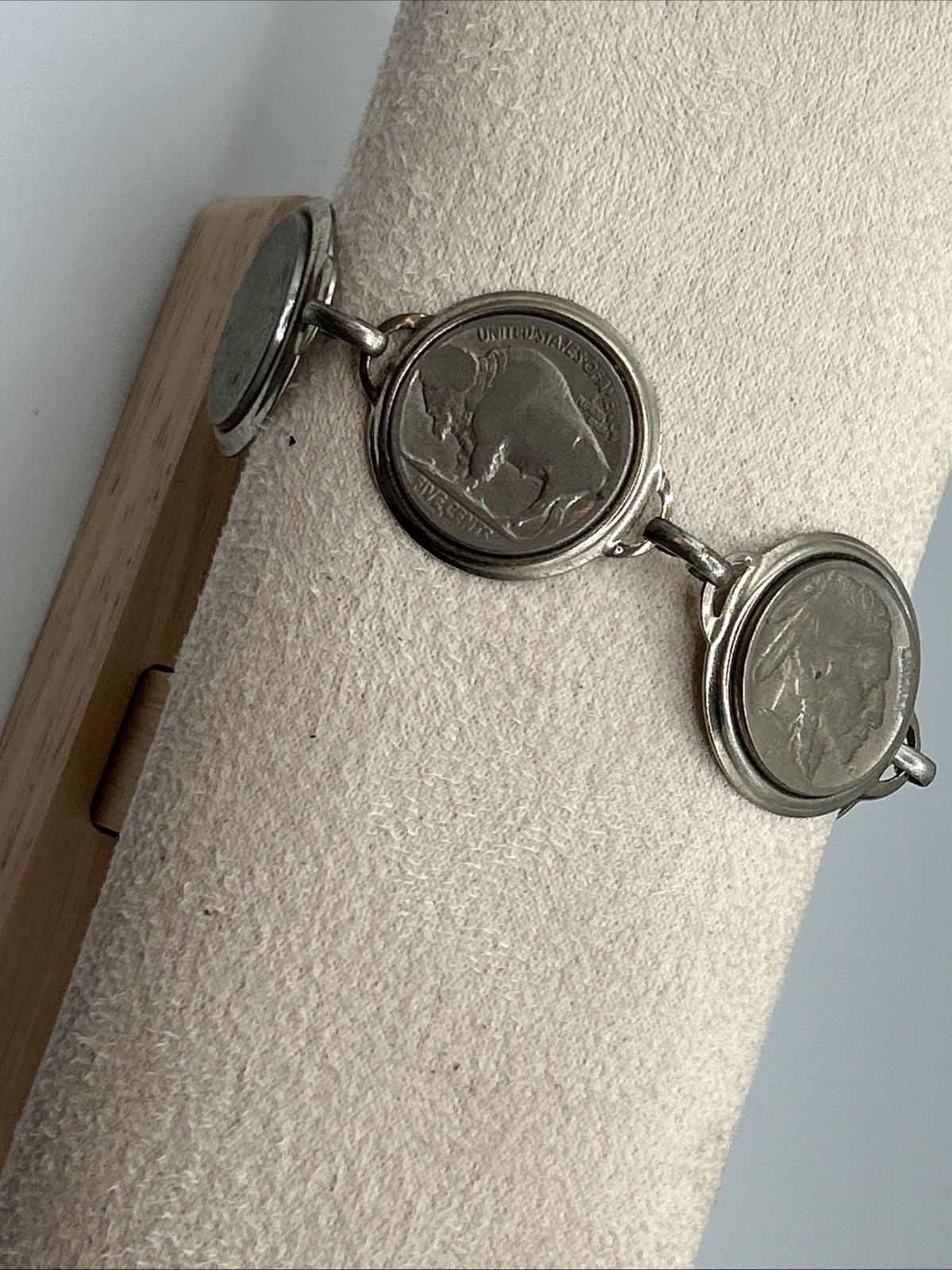 Vintage Indian Head Buffalo Nickel Coin Link Bracelet Silver Tone USA