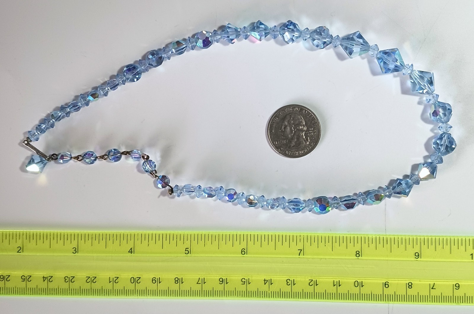 Vtg Adjustable Graduated Bead Necklace w/ Pale Blue AB Faceted Glass Stones