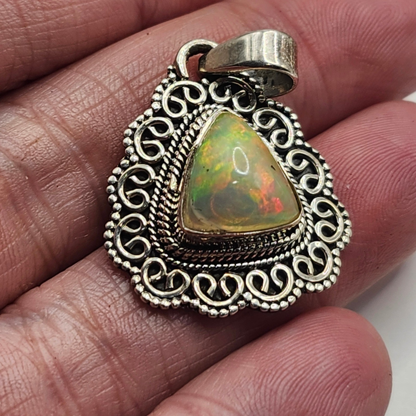 Vintage 925 Sterling Silver Ethiopian Opal Trillion Filigree Pendant