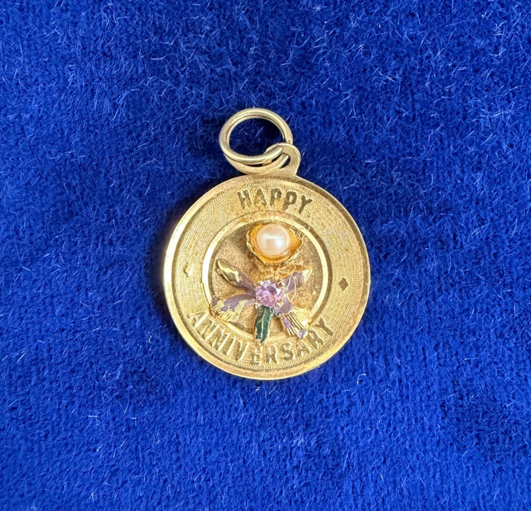 Vintage 14k Yellow Gold Happy Anniversary Charm Pearl and Gemstone