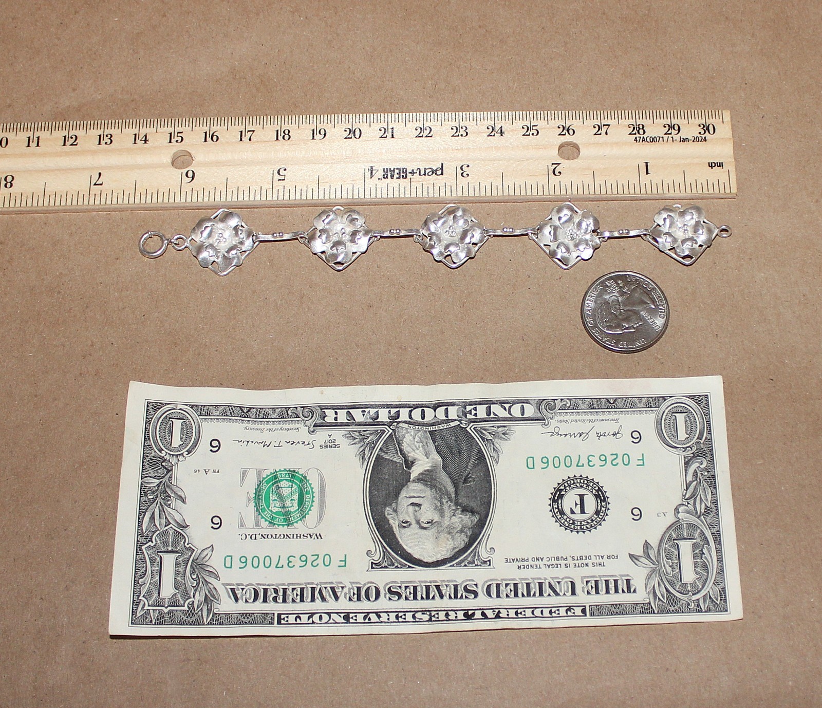 Vtg Sterling Silver Art Nouveau Floral Set Earrings clip-Bracelet 6.5″- Ring 5.5