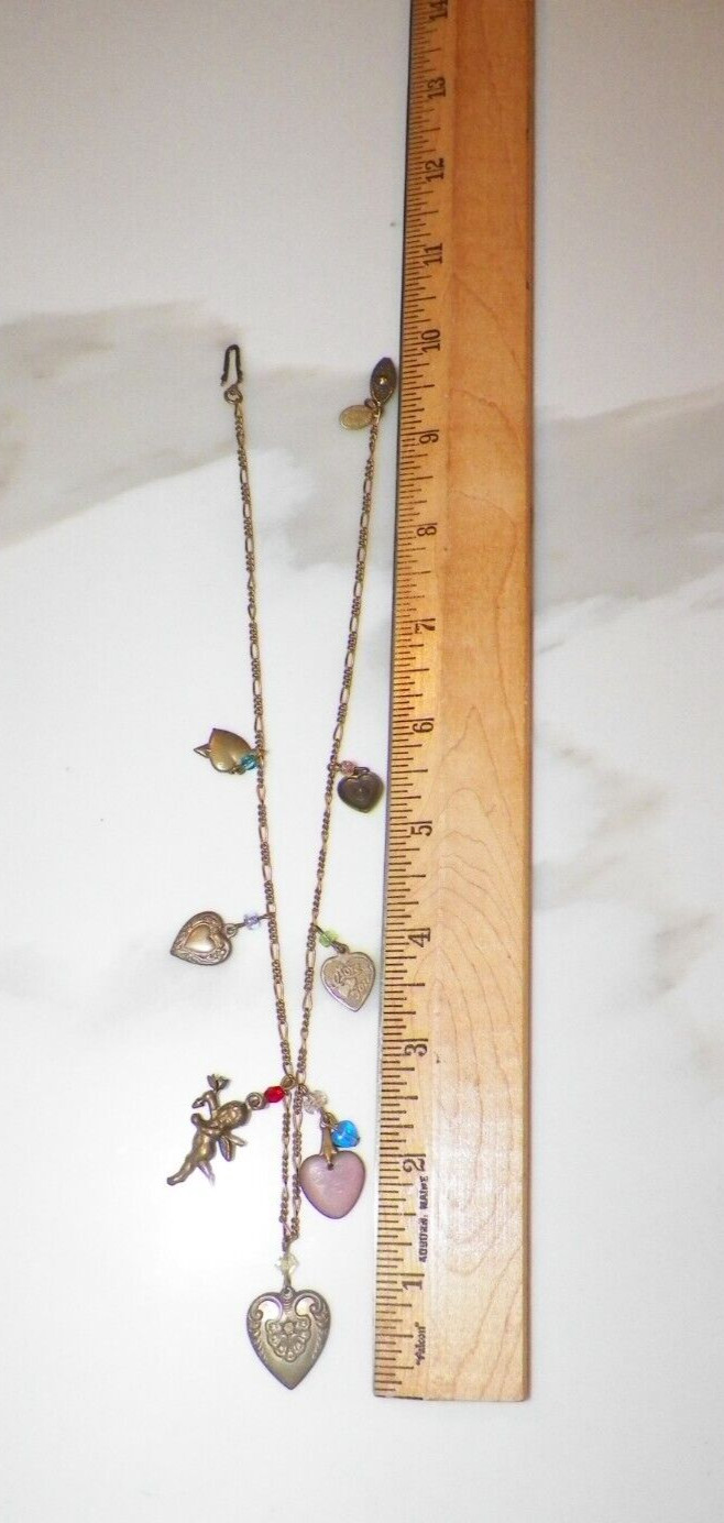 VINTAGE GLASS WORKS STUDIO HEARTS & CHERUB CHARMS NECKLACE 16″