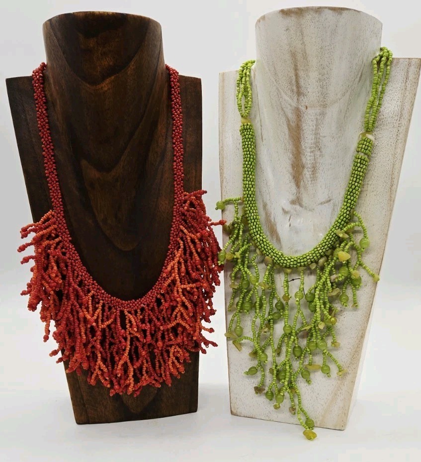Vintage Beaded Fringe Bib Necklace Seed Beads Lot of 2 Statement Green Coral