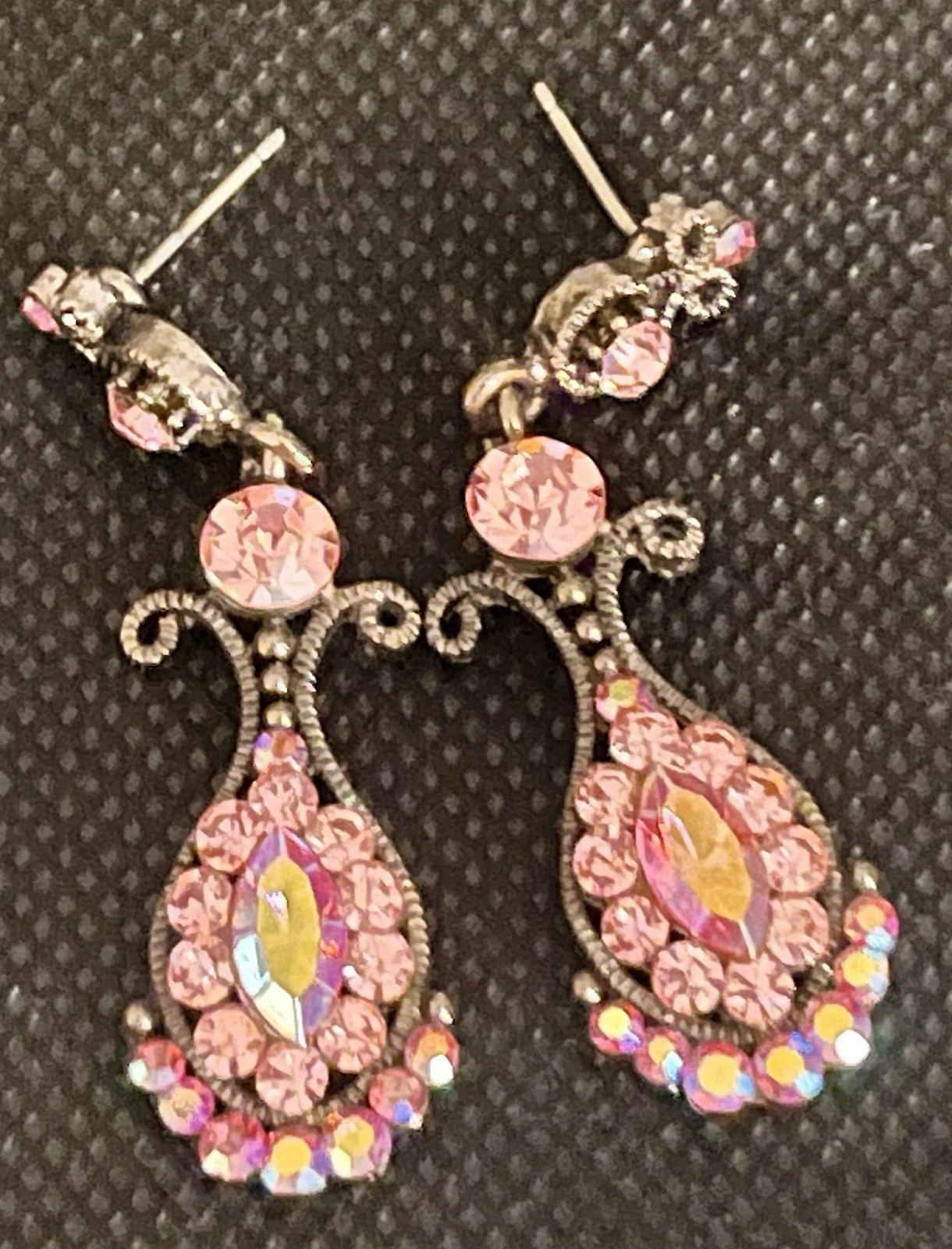 SNK Pink AB Quality Crystal Chandelier Earrings Gunmetal Base Art Deco Victorian