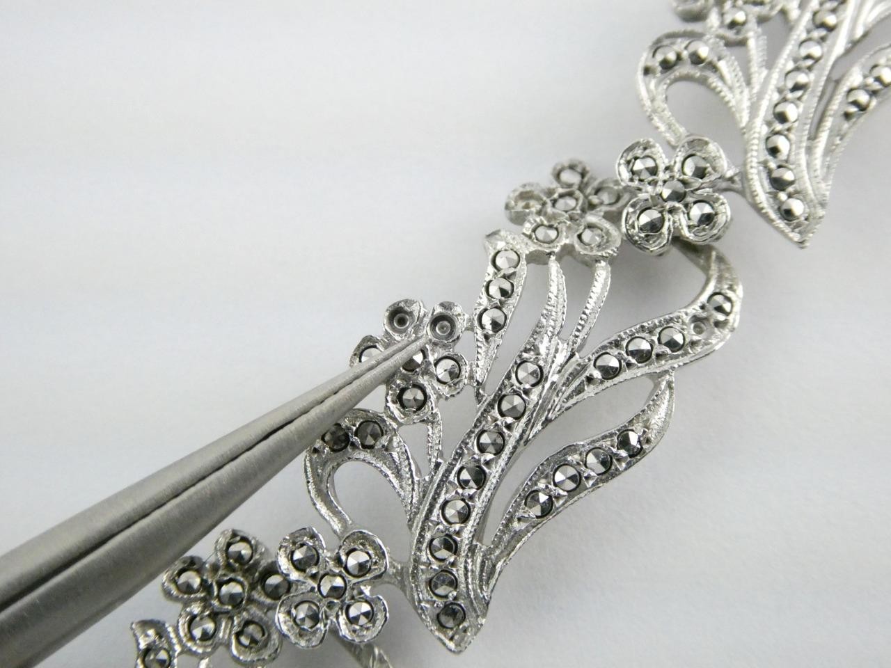 Vintage Deco Style Sterling Silver Marcasite Studded Bracelet 7.25 In GEMS MISS