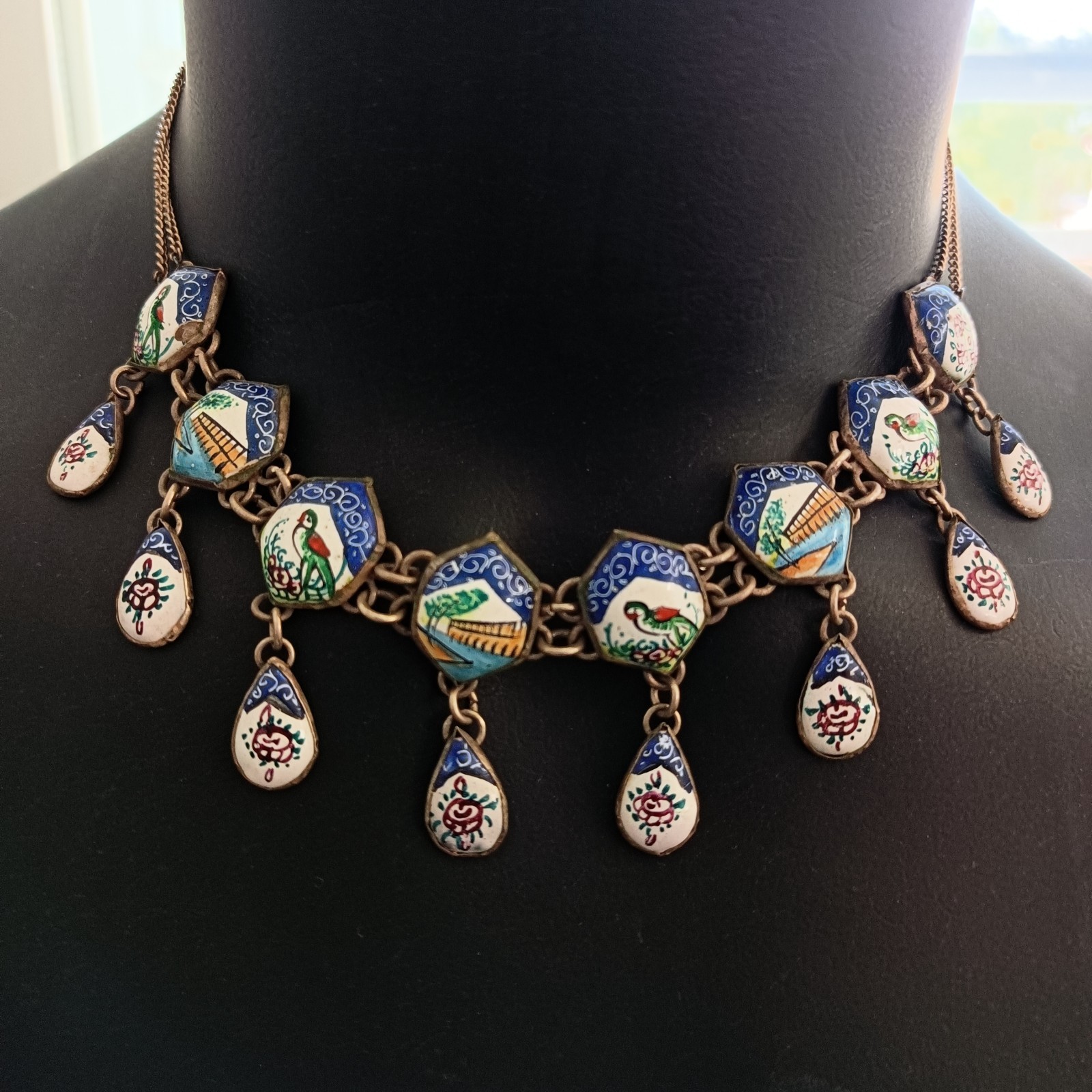 Boho Folk Art Middle Eastern Enamel Chandelier Necklace Blue Birds Landscape VTG