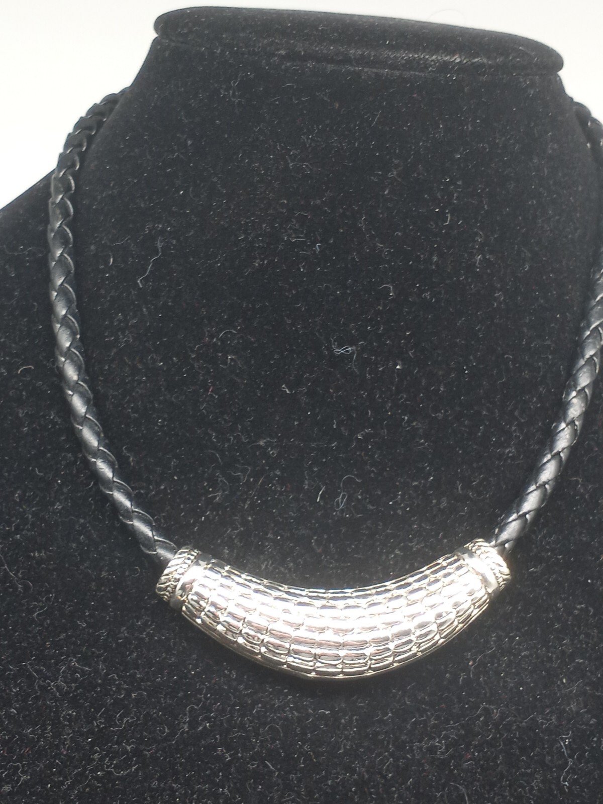 Vintage Choker Necklace Black Faux Twisted Leather Cord Silvertone Metal Pendant