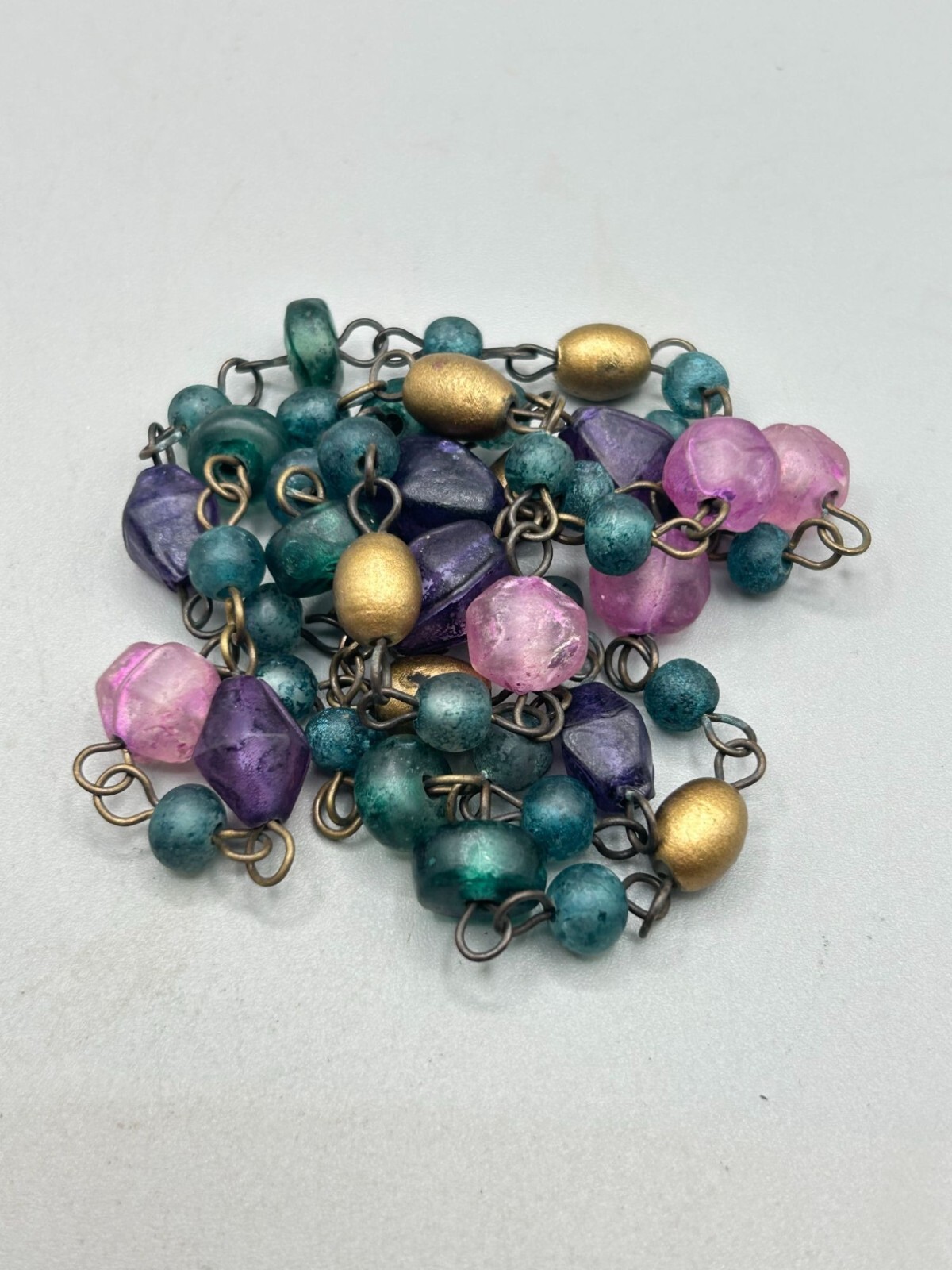 Purple Blue And Pink Pressed Glass Beaded Necklace Dyed Beads 30″ Long Single St