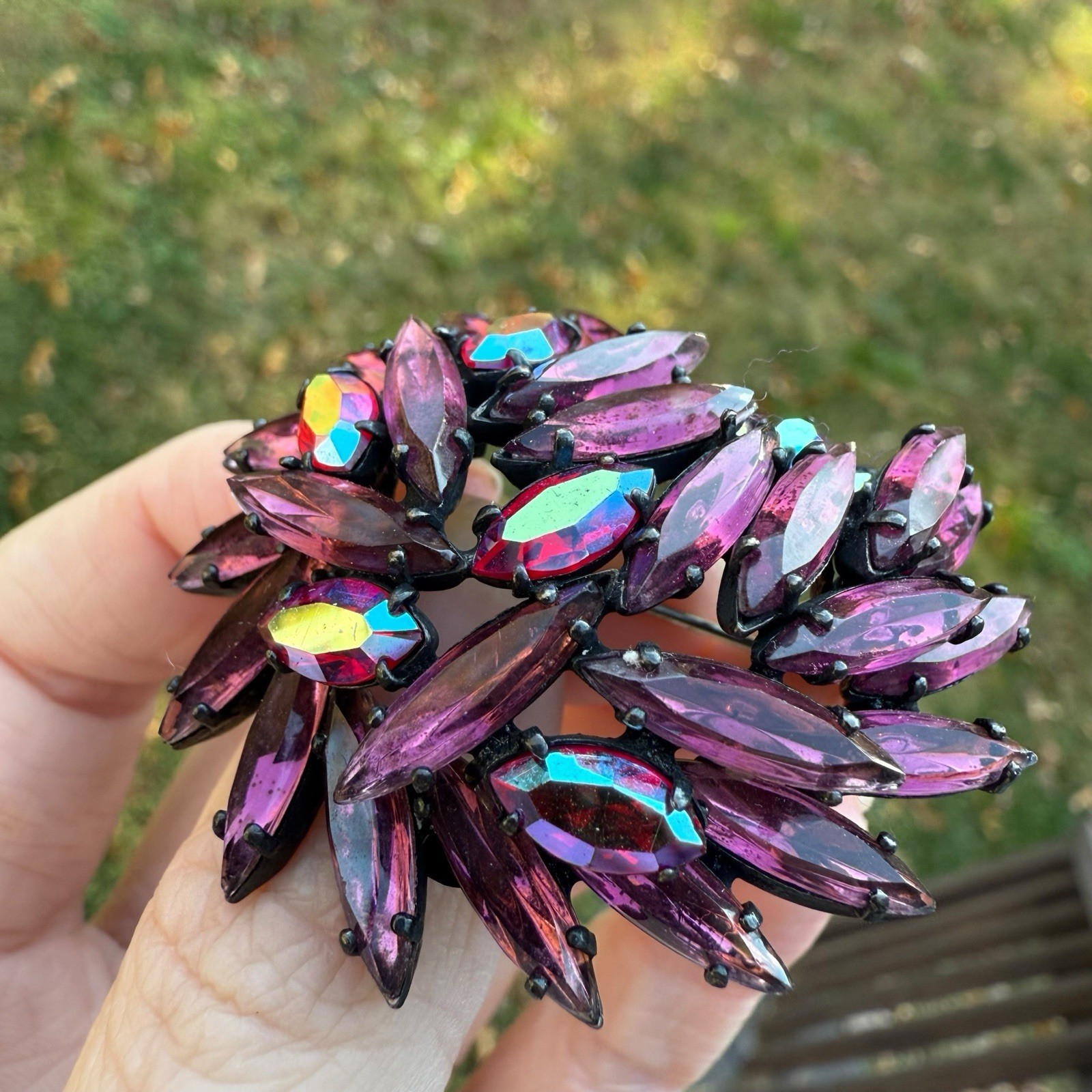 Vintage Signed REGENCY Purple Pink Navette Red AB Rhinestones Brooch Japanned
