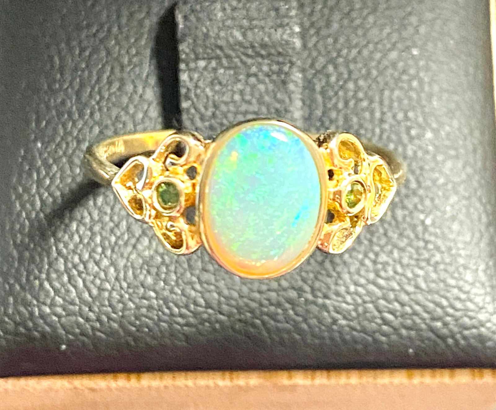 Vintage 14k Yellow Gold Heart Design Opal and Green Diamond Ring Size 7 to 7.25