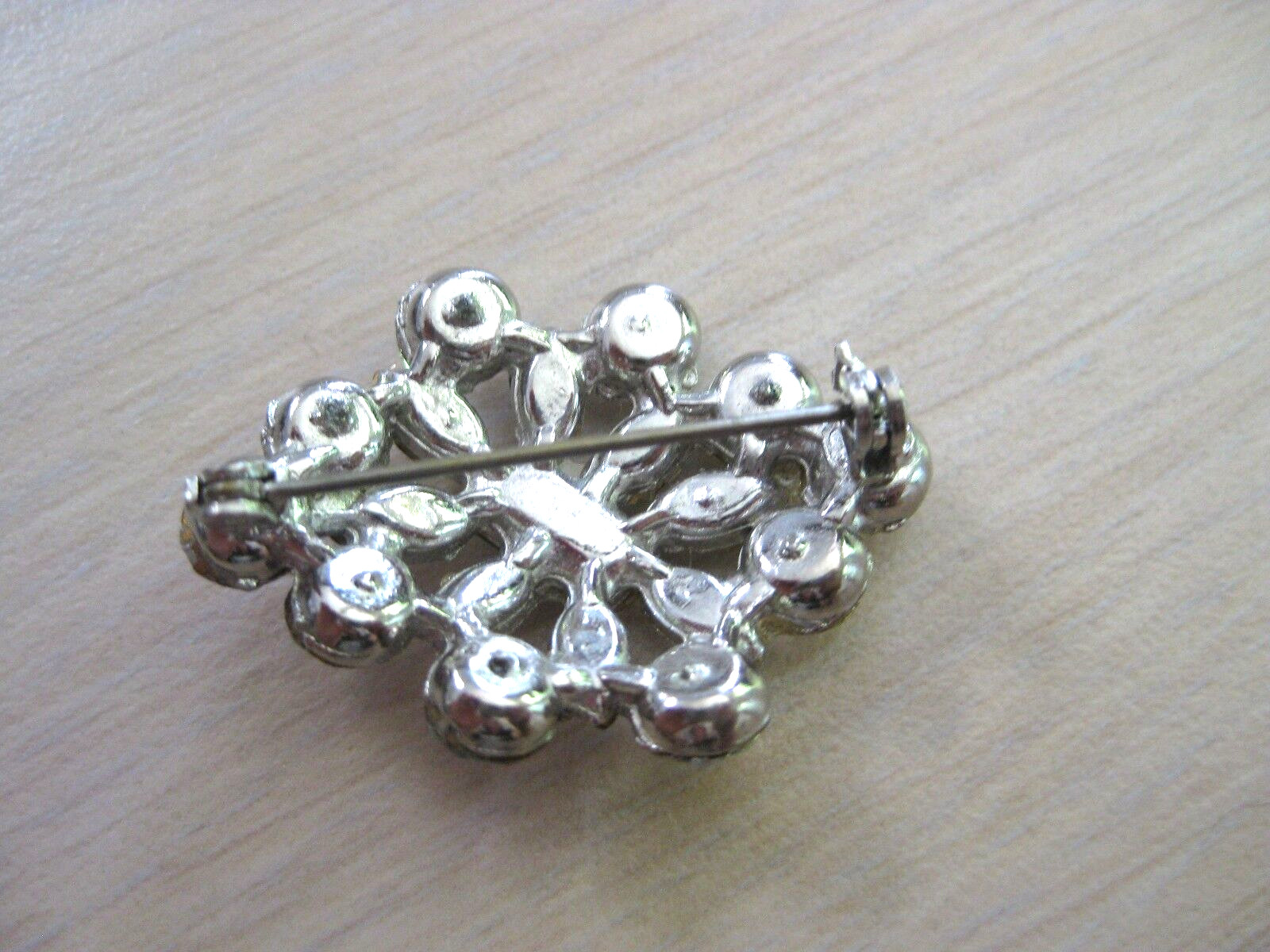 Estate Costume White Rhinestone Emerald Marquise and Round Cut Pin Silver Tone