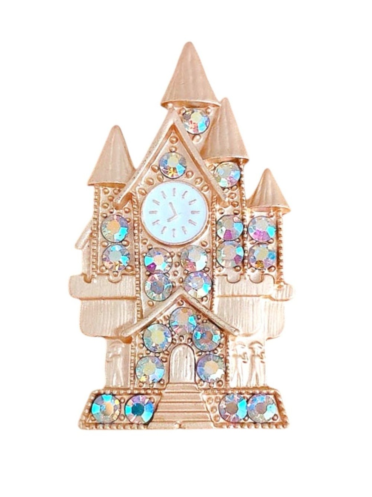 Rhinestone Castle Clock Brooch Pin Fantasy Princess Fairy Tale Jewelry