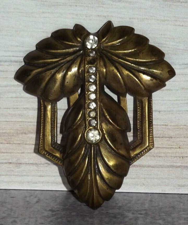 VINTAGE ART DECO NOUVEAU MOLDED BRASS Rhinestone SASH DRESS CLIP B105