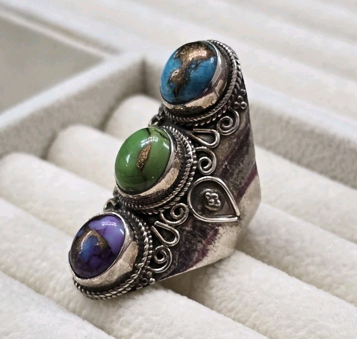Vtg Blue, Purple & Green Copper Turquoise 925 Sterling Silver Handmade Ring Sz 6