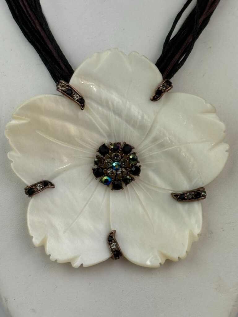 Plumeria Shell & Rhinestone FLOWER Pendant Necklace w/ Leather Cord