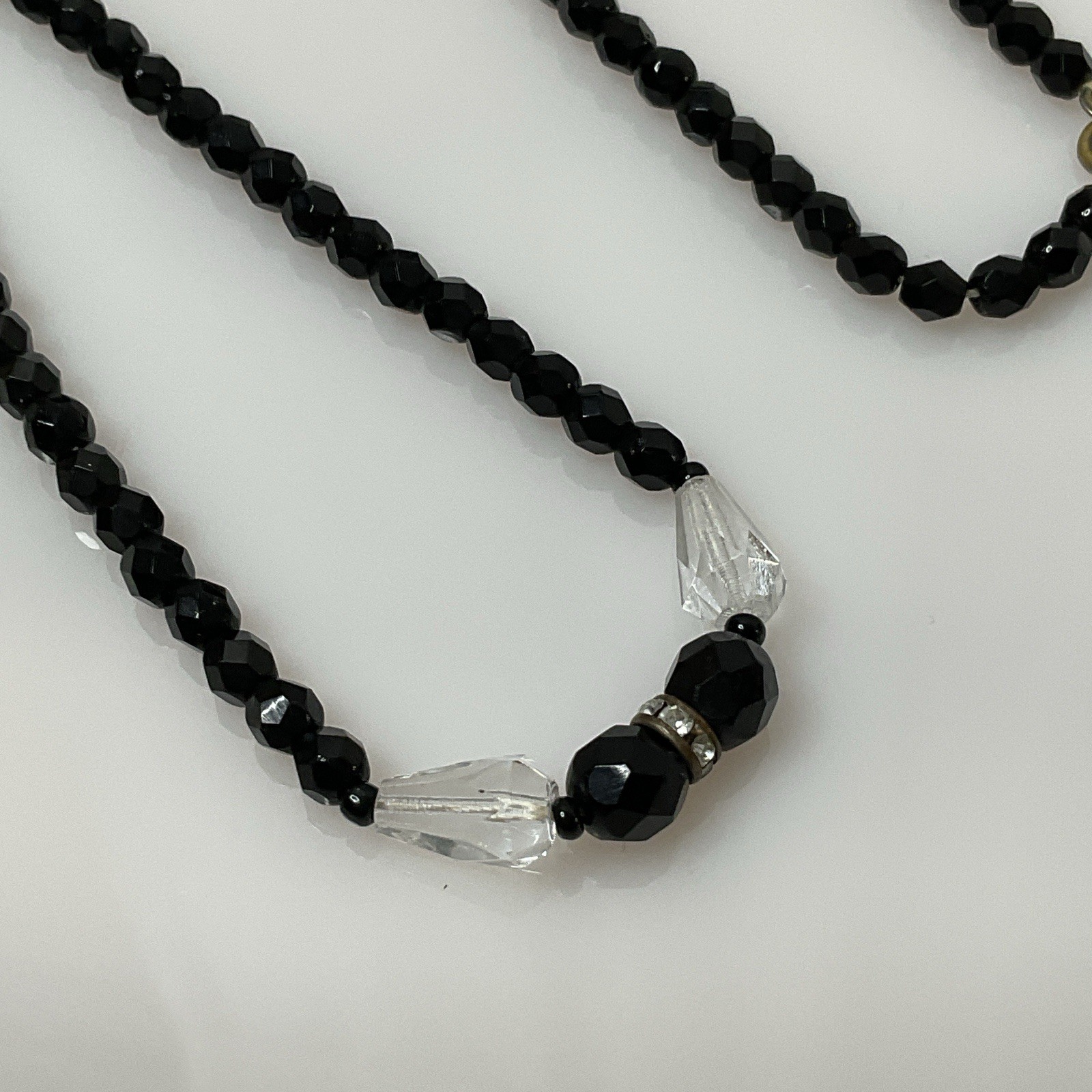 Vintage Art Deco Black Clear Glass Necklace Faceted Bead 26” Crystal Accent