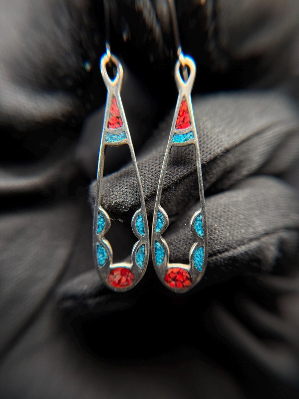 Southwestern Sterling Silver Turquoise Coral Inlay Drop Earrings