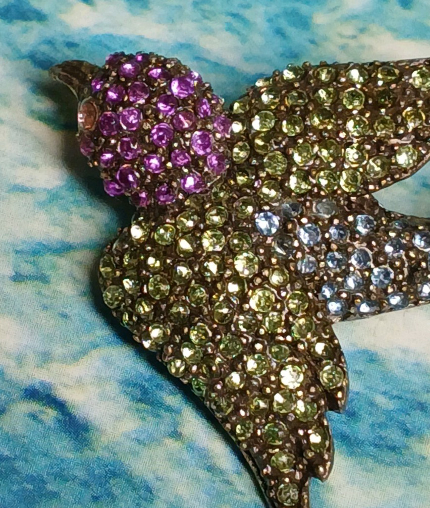 Vintage Silver Tone Sparrow Brooch Adorned w/Green Purple and Blue Rhinestones