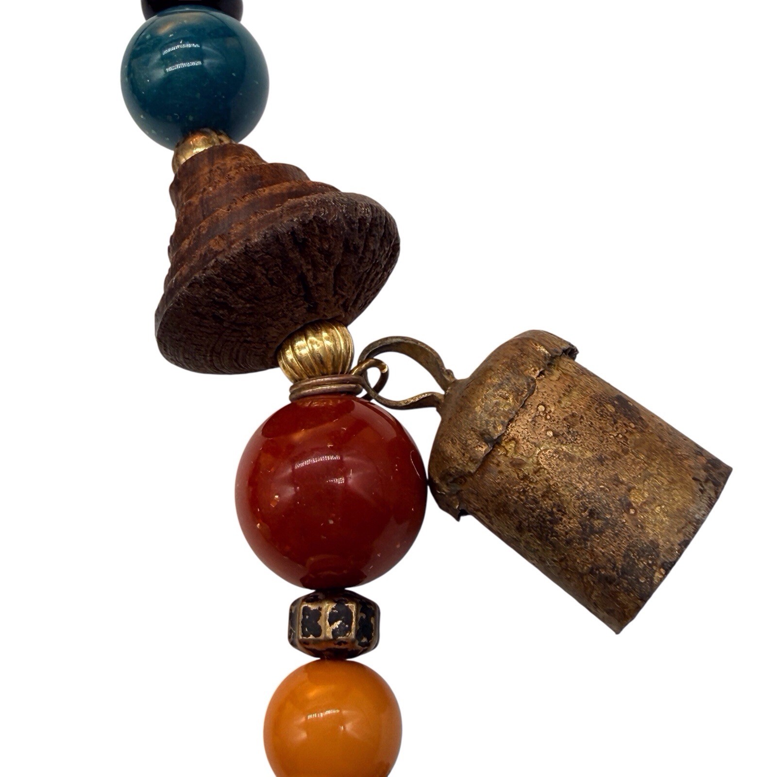 Vintage Carole Dauplaise Necklace BOHO Tibetan Prayer Bells Wood Ceramic Bead B3