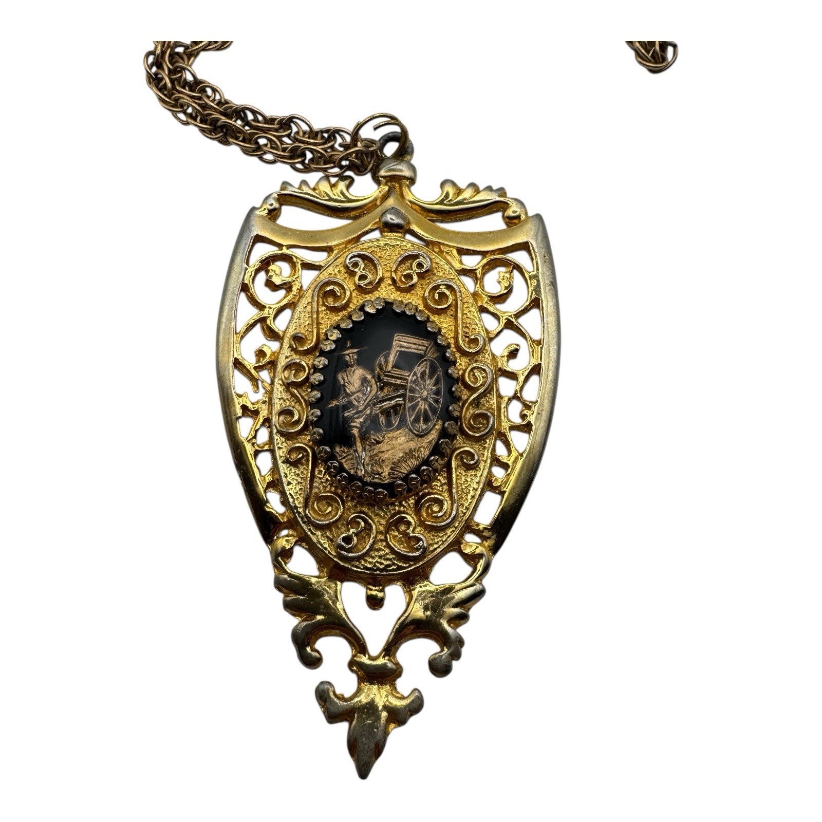 1950s Chinoiserie Intaglio Necklace Gold-Tone Filigree Pendant AC Co. 12KT GF