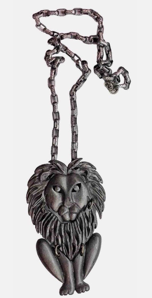 VTG Lion Silver Tone Pendant W/ 20″ Thick Chain *2 Articulated Crouched Wild