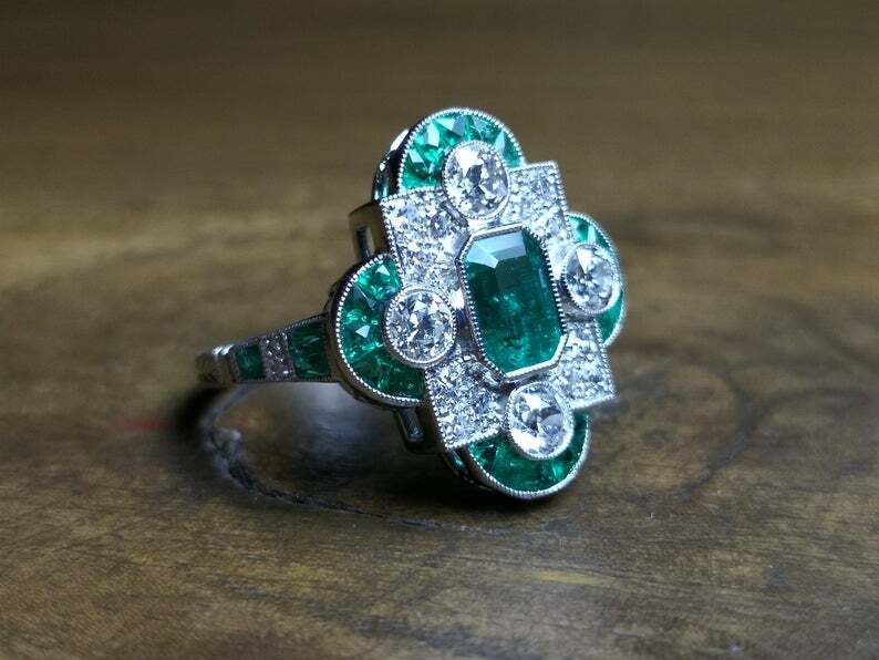 French Art Deco Style Vivid Green Emerald With Shiny White CZ 2.78TCW Fine Ring