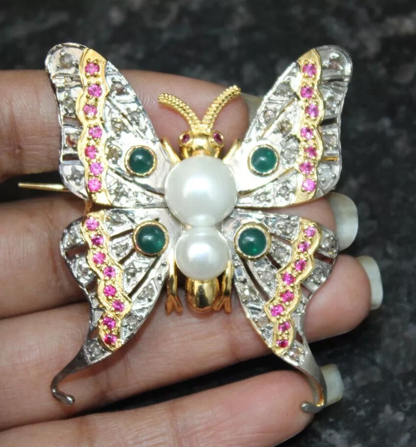 2.40ct Rose Cut Diamond Ruby Emerald Pearl 925 Silver Butterfly Brooch Pin