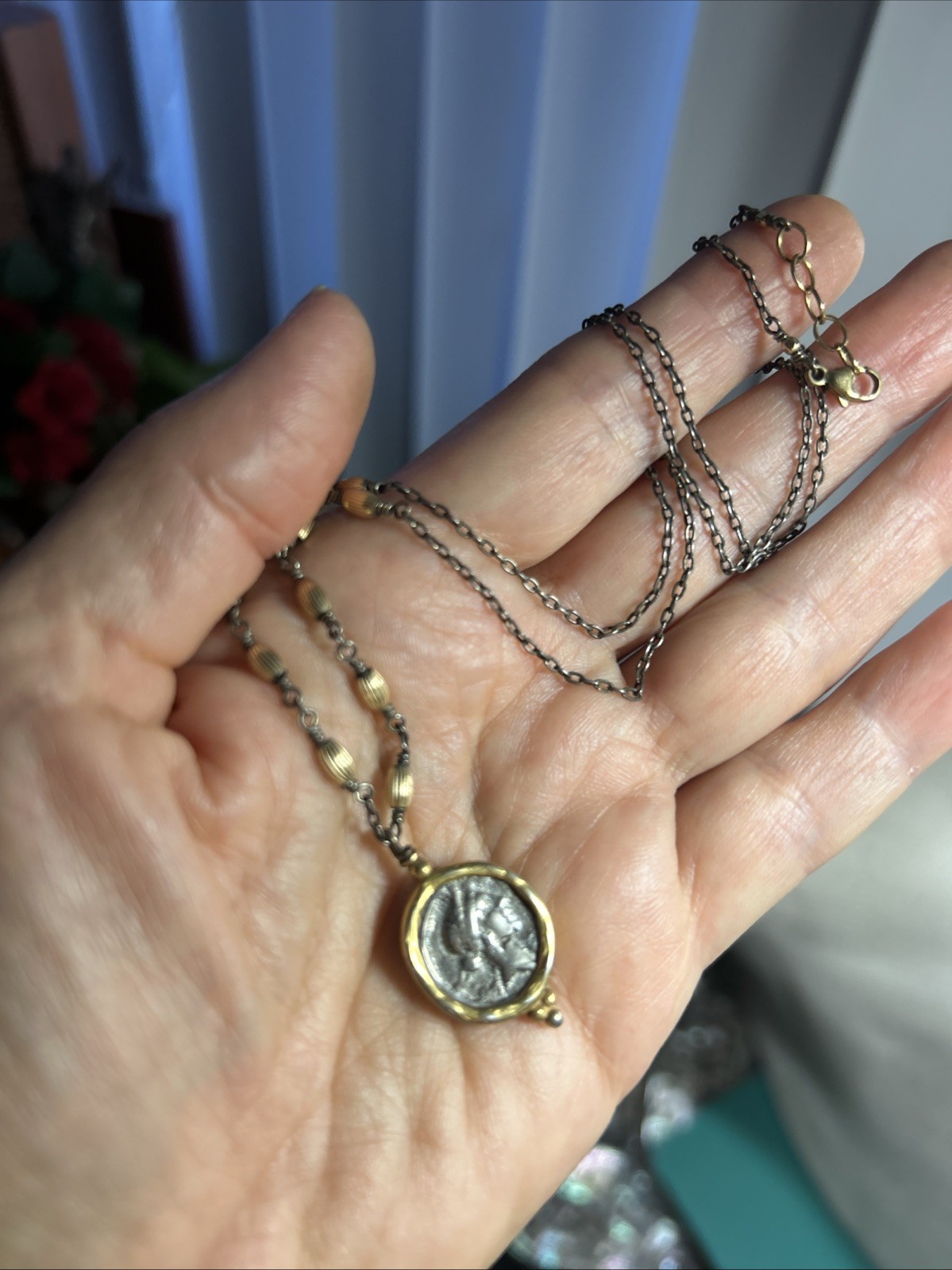 56. Vintage G.F. 925 chain Ancient Coin Replica Statement Necklace 22+”, 6.9g