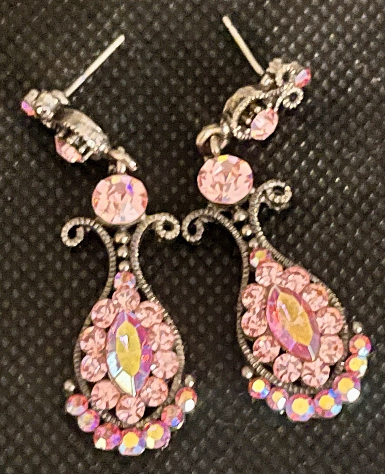 SNK Pink AB Quality Crystal Chandelier Earrings Gunmetal Base Art Deco Victorian