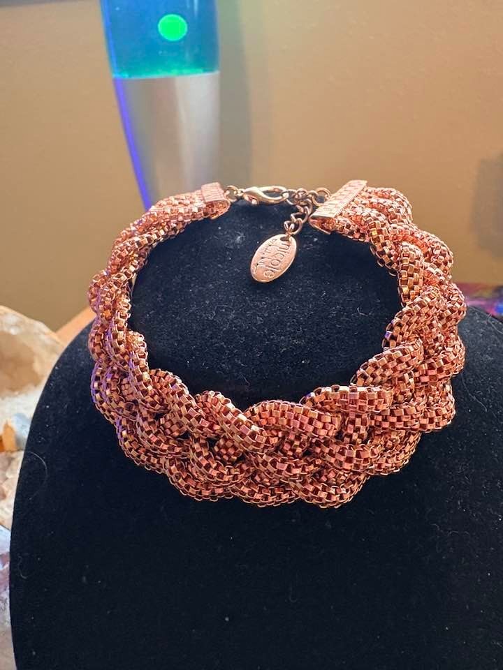 Vintage Nicole Miller Rose Gold Tone Woven Popcorn Mesh Chain Bracelet Signed