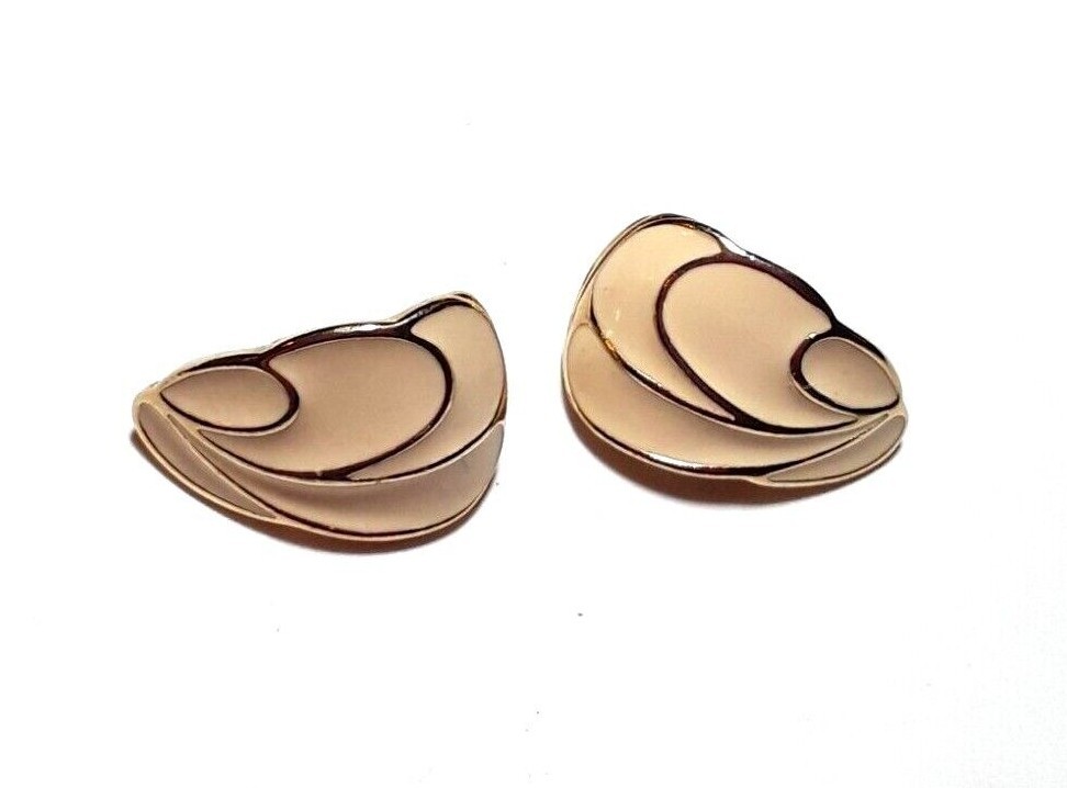 TRIFARI Ivory Gold Tone Enamel Half Hoop Pierced Earrings