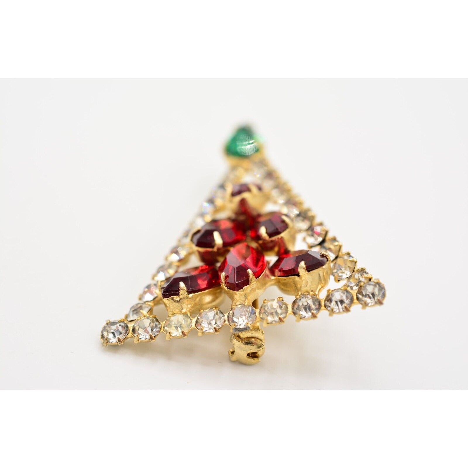 Vintage Crystal Christmas Tree Brooch Gold Green Red Marquise Rhinestone BinB