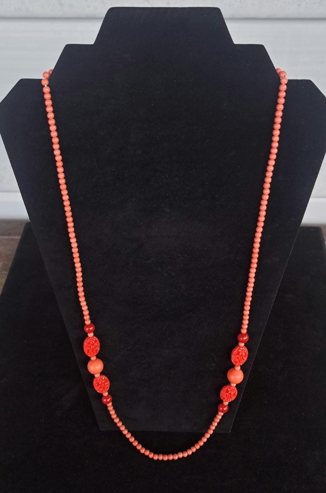 Vintage 30″ Faux Coral Necklace Pink Peach Salmon Color—Art Deco Nouveau MCM